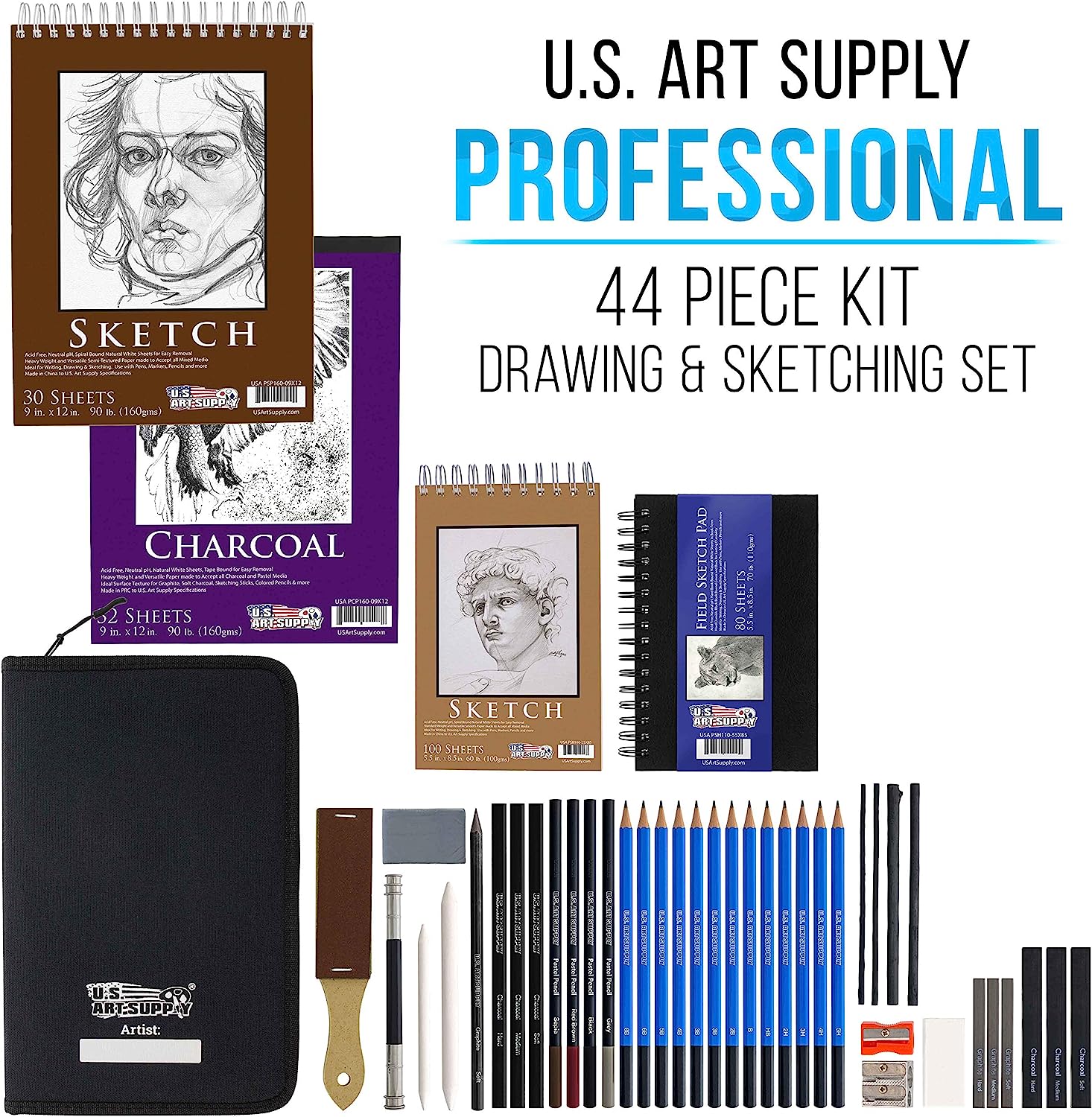 U.S. Art Supply 44-Piece Drawing & Sketching Art Set with 4 Sketch Pads (242 Paper Sheets) - Professional Artist Kit, Graphite, Charcoal, Pastel Pencils & Sticks, Erasers - Pop-Up Carry Case, Student - Image 2